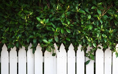 Fototapeta premium Lush Green Hedge Over White Picket Fence