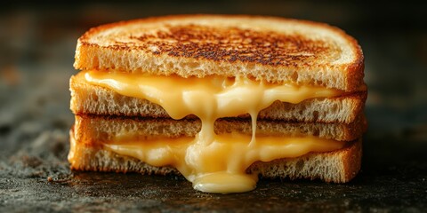 Delicious melted cheese sandwich stacked on toasted bread served on a rustic wooden surface