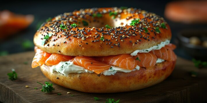 Freshly made bagel sandwich with smoked salmon and cream cheese on a wooden board