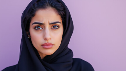 Naklejka premium Worried Middle-Eastern Woman in Her Late 20s with Furrowed Brows Against a Solid Soft Lavender Background, Capturing a Moment of Concern and Introspection