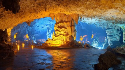 Luminous Underground Cave With Colorful Stalagmites and Reflections