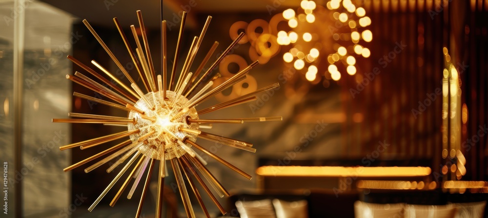 Poster Sunburst Chandelier in Contemporary Dining Hall for Luxury Interior Design and Elegance