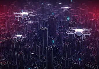 Drones Flying Above Cityscape with Digital Connection Networks Concept