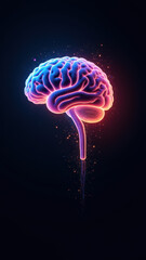 Fototapeta premium A futuristic illustration depicting artificial general intelligence with a glowing brain emitting light particles against a dark background.