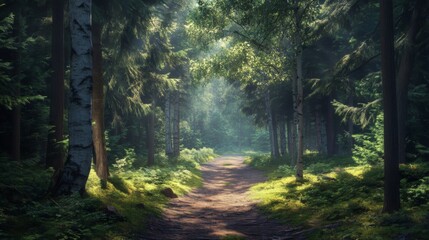 Sunlit Forest Path: A Mystical Morning Walk