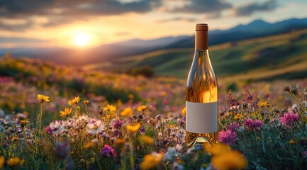 Sunset Wine Bottle in Wildflower Meadow