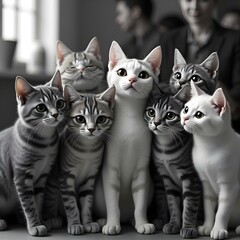 A group of 8 realistic cats taking a selfie together. The cats have human-like expressions, they are all standing close together in a friendly pose, resembling a group photo. The background shows a bl