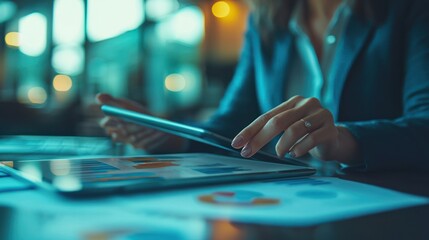 Businesswoman analyzing charts on tablet at night cafe
