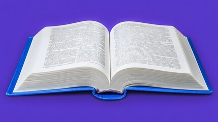 Open book on a vibrant purple background, showcasing detailed text for educational purposes
