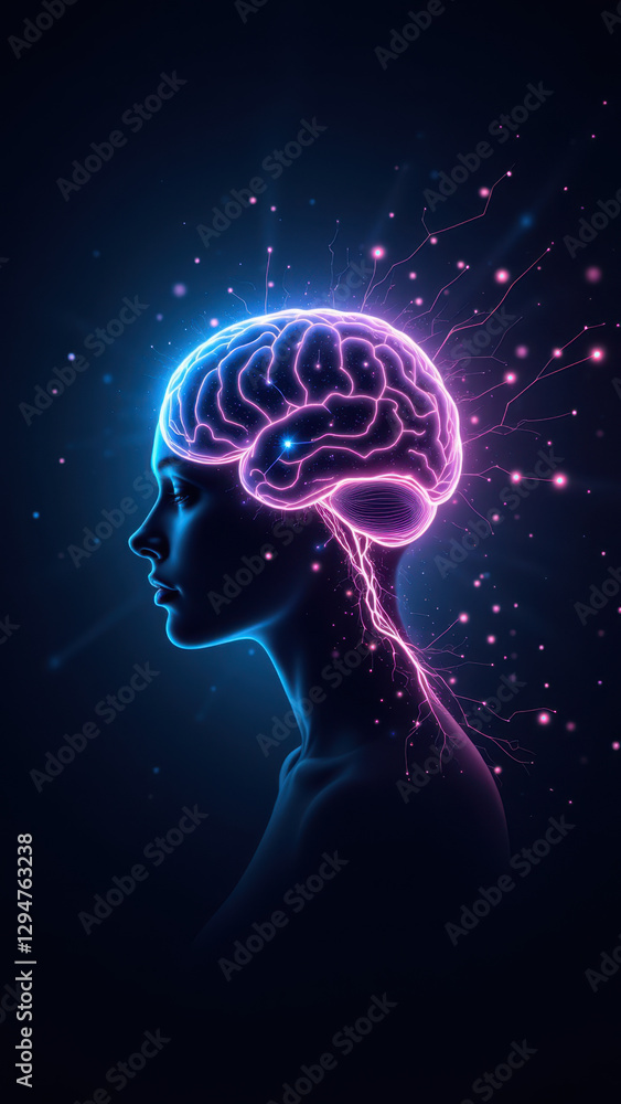 Poster a graphical representation of artificial general intelligence with a human brain at its center.