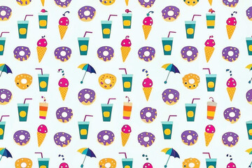 Fototapeta premium Seamless pattern of summer treats ice cream, donuts, and drinks.