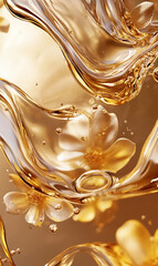 A golden cosmetic oil with gold flowers and bubbles, against a gold background