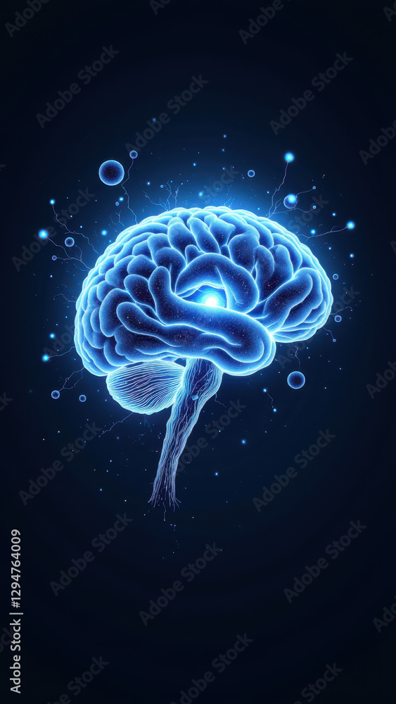 Poster artificial general intelligence brain with glowing particles and a dark background.