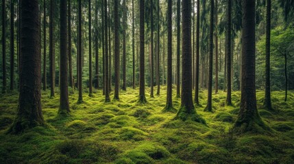 Fototapeta premium Lush Green Forest with Sunlight Dappled Through Tall Trees
