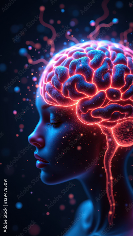 Poster a digital illustration showing a close-up view of a human head with a glowing red brain set against 