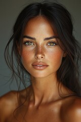 Naklejka premium Close-up of a young woman with natural beauty under soft lighting