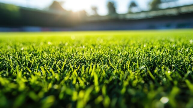 Glowing green grass on sunlit sports field at sunset