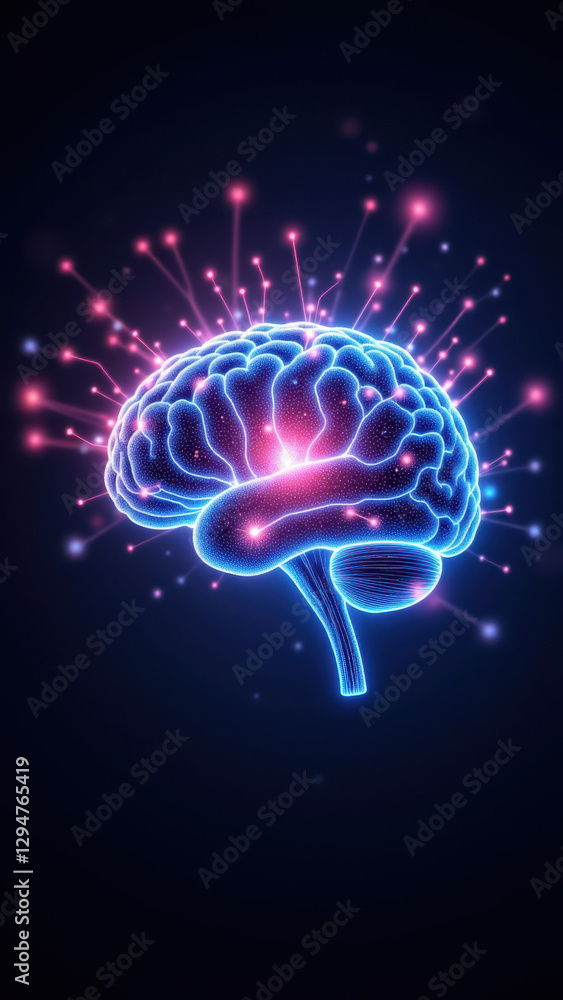 Poster an illustration of a human brain with glowing dots representing artificial intelligence concepts.
