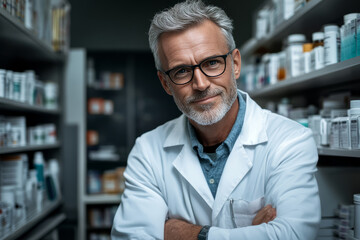 Fototapeta premium portrait of handsome man pharmacist in white coat at the pharmacy