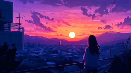 Silhouette of a Girl Watching Vibrant Sunset Over Cityscape