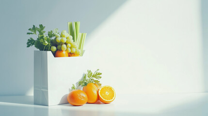 Paper Bag Filled with Fresh Produce, Including Oranges, Celery, and Grapes, Styled on the Left Side of a Spotless White Surface, Empty Area on the Right for Adding Promotional Text, copy space