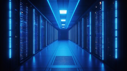 Fototapeta premium Futuristic server room hallway illuminated by blue light