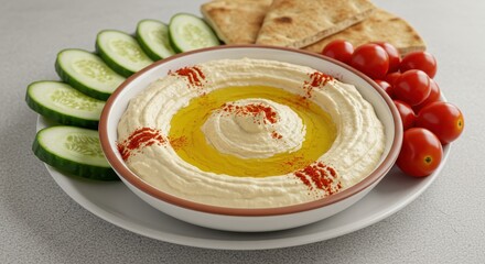 Delicious Hummus with Cucumber, Tomatoes, and Pita Bread