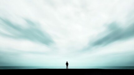 A lone traveler standing on a cliff overlooking a vast ocean under a cloudy sky, dramatic and serene,