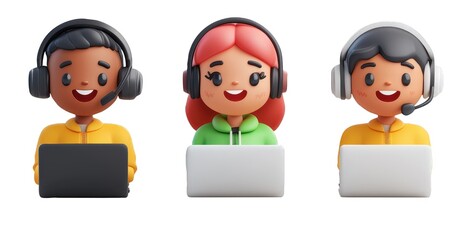 3d icon Three friendly woman customer service representatives are smiling while wearing headsets and holding laptops, providing excellent online support cutout on a transparent background