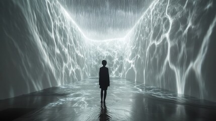 A woman stands in a room with a projected image of water.