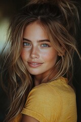 Fototapeta premium Smiling woman outdoors with soft sunlight highlighting her natural beauty