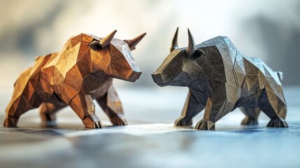 Fototapeta premium Low Poly Bull and Bear Figurines Facing Off