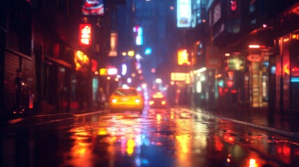 Obraz premium Rainy Night City Street with Bright Neon Lights