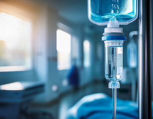 Close up medical intravenous iv drip in hospital background