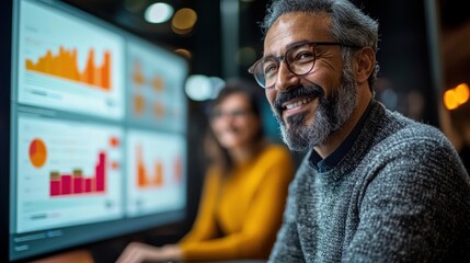 Smiling man reviews data; colleagues work on screens; modern office