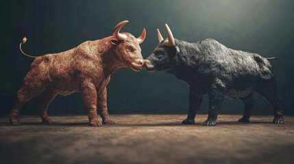 Two Metallic Bulls Facing Each Other in Dramatic Lighting