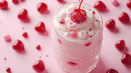 Cherry-topped pink milkshake surrounded by heart-shaped sweets on pink background