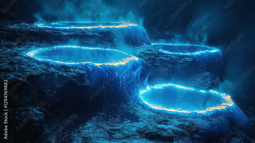 Poster glowing lava flows with blue luminescence create a surreal landscape of molten rock and frost edges 