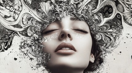 A digital artwork of a woman's face with a floral patterned hair and makeup.