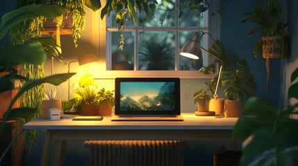 A casual gaming setup with a single laptop on a clean desk surrounded by plants and illuminated by warm natural light from a nearby window. 