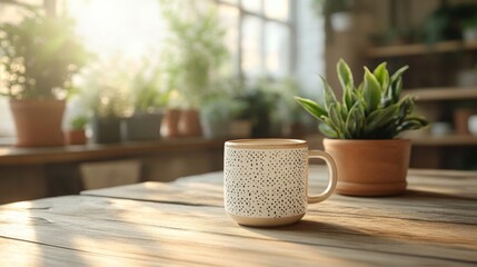 Fototapeta premium Sunlit Morning Coffee Mug Beside Houseplants