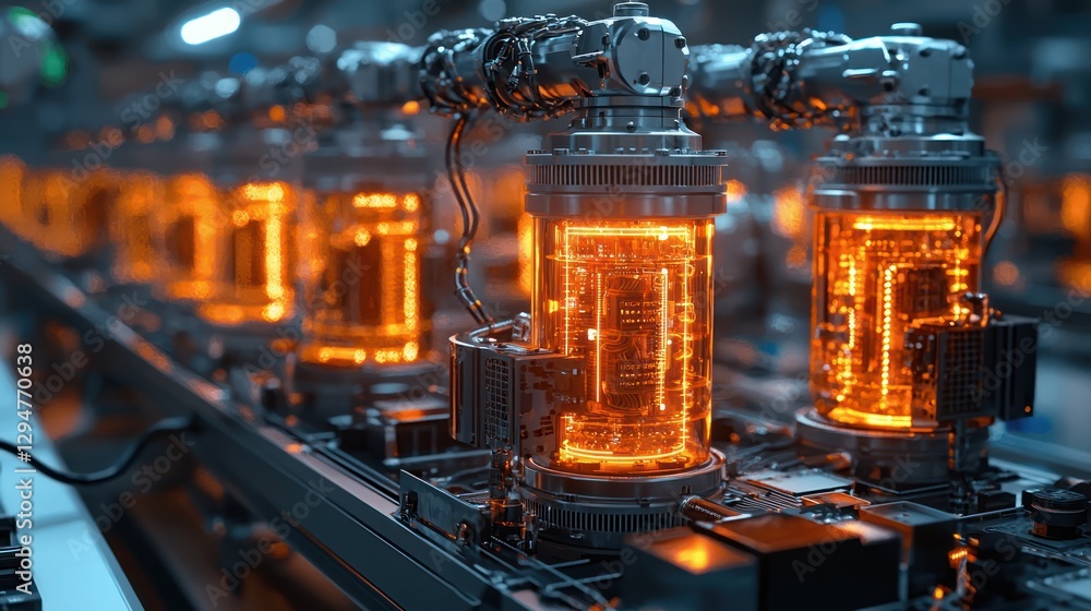 Poster robotic factory assembly line producing glowing circuits
