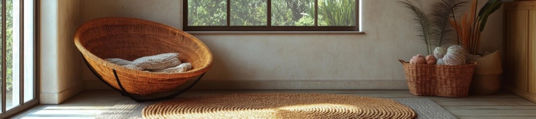 Fototapeta premium Trendy Craft Space with Woven Chair and Yarn Storage in Sunlit Room. Generative AI