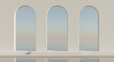 Minimalist architecture, Symmetrical arches with ocean view enhancing calming atmosphere