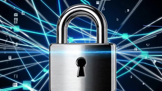 A glowing padlock surrounded by digital network connections, representing cybersecurity and data protection. Ideal for illustrating online safety and encryption concepts.