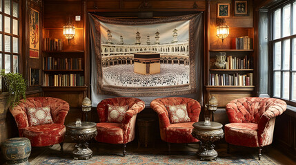 Obraz premium Cozy, ornate library lounge with a Kaaba tapestry