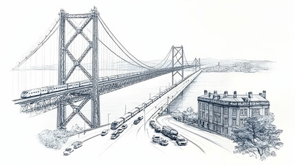 Fototapeta premium Coastal Suspension Bridge, City Traffic, Artistic Sketch