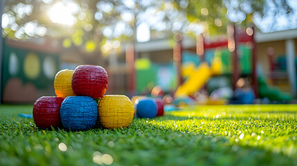 Colorful balls on playground grass