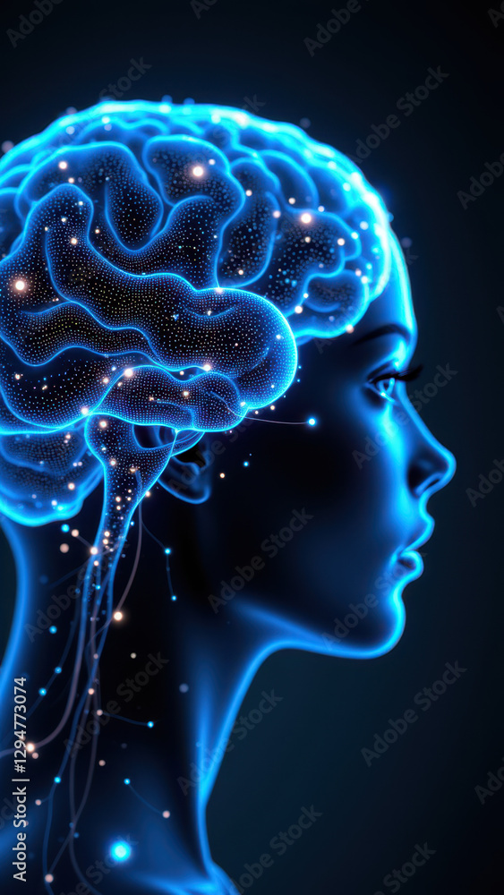 Poster an image depicting artificial general intelligence with a humanoid structure featuring a vibrant blu