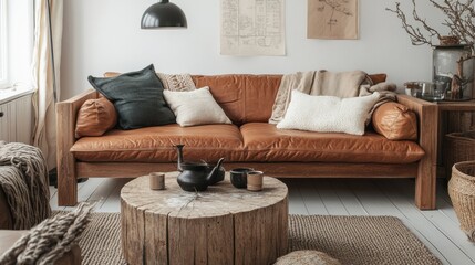 A cozy living room with a brown leather couch, wooden coffee table, and various decorative items.